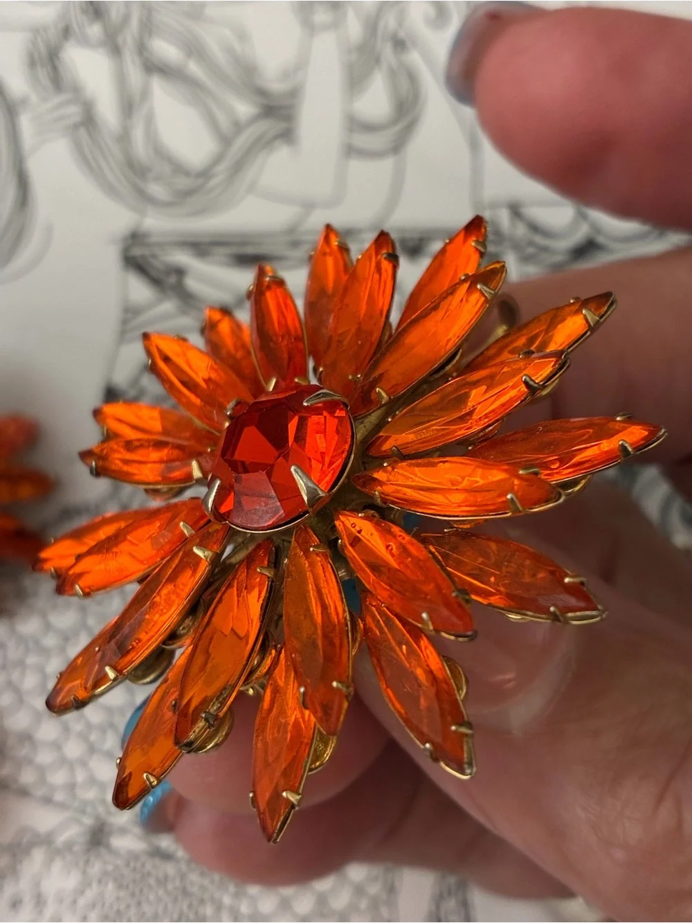NOS VINTAGE Judy Lee Orange Crystal Floral Statement Brooch and Earring Set